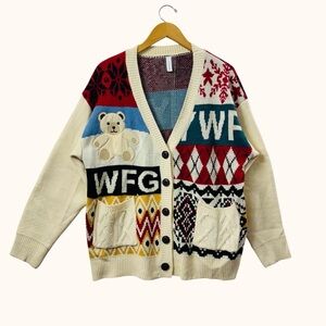 WFG Colorful Patchwork Knit Cardigan Unisex Appliqué Graphic Artsy Boho Sweater